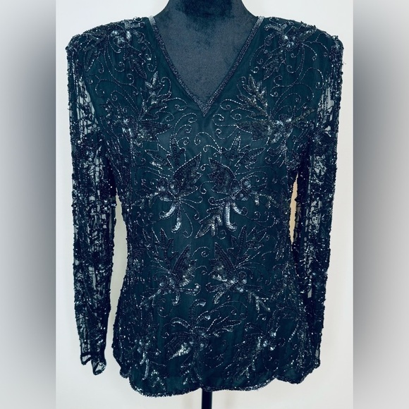 Stenay Women’s Vintage Black Beaded V-Neck Blouse Size M - Picture 2 of 11